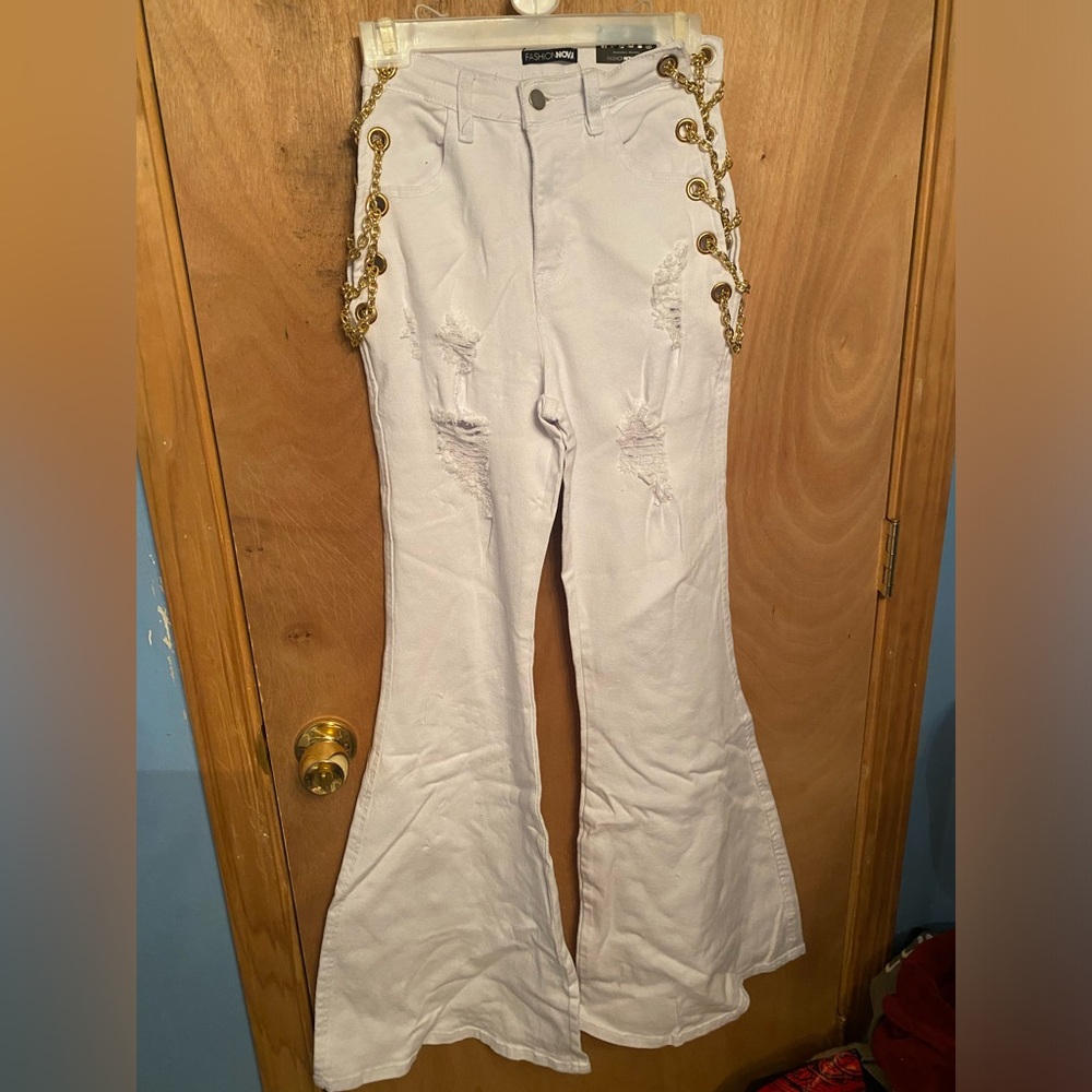 Fashion nova chain link ripped bell bottom jeans- NWT